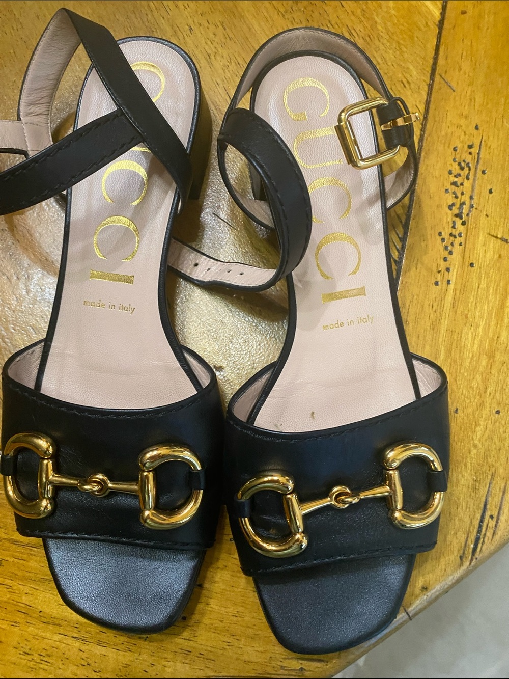 Gucci Black Leather Sandals with Gold Horsebit Accent